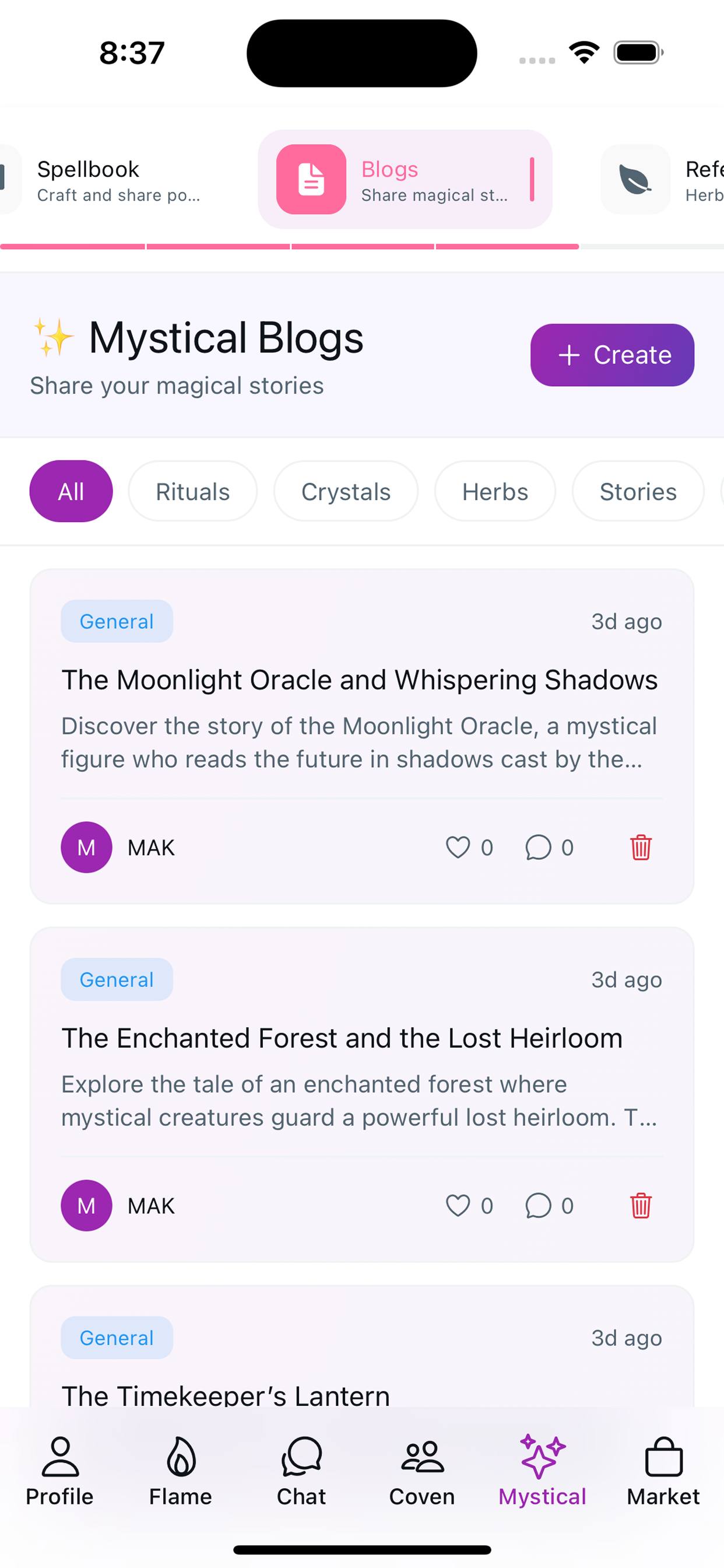 Witch Finder Blogs screen — Stories from the coven