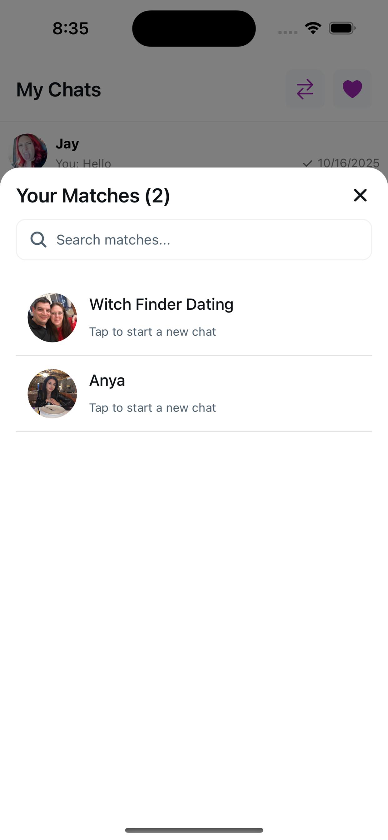 Witch Finder chat screen listing your matches